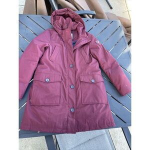 Tommy Hilfiger Jacket Womens Medium Burgandy Red Hooded Puffer Coat Button Down